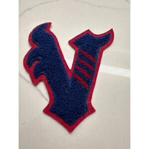 Vintage Royal Blue Red Chenille Varsity Letter “V” Patch Red Felt Border